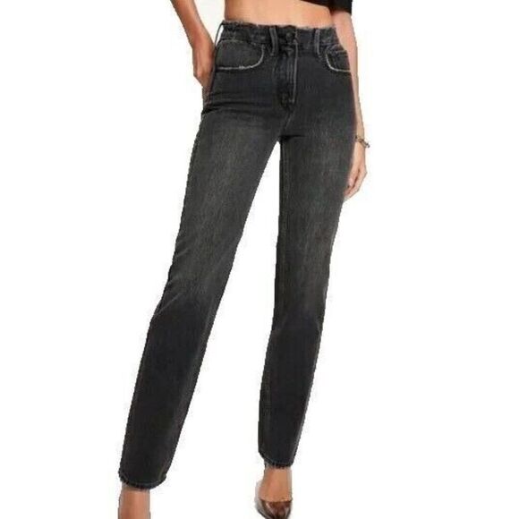 Good American 90s Icon Straight Leg Size 4 Black Distressed Denim NEW - Picture 1 of 7